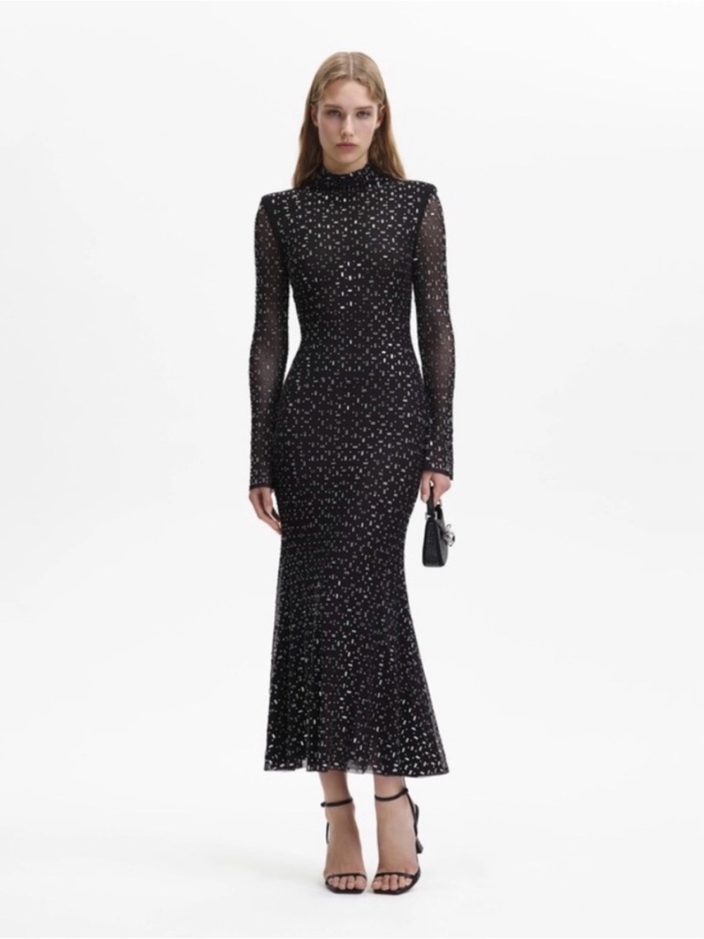 Self-Portrait Black Square Rhinestone Mesh Midi Dress